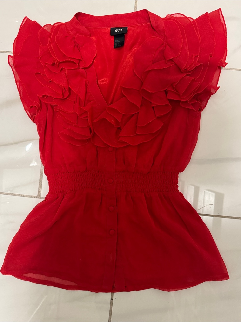 H&M Vibrant Red Ruffle-Front Short Sleeve Blouse